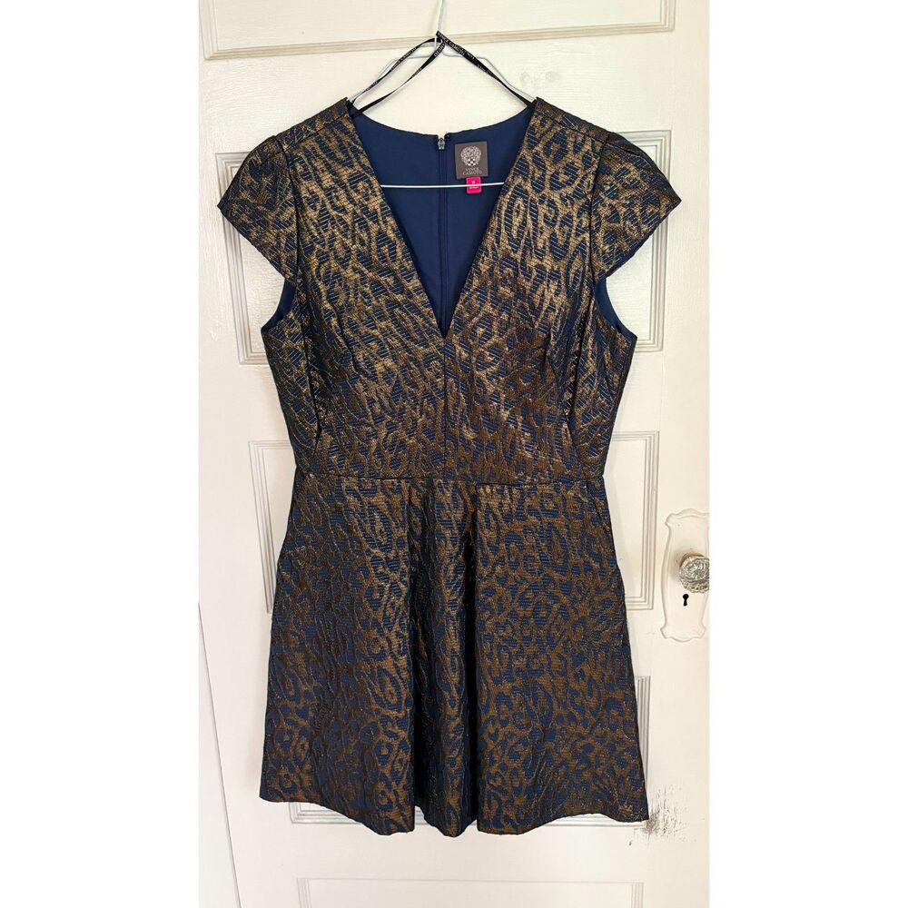 Vince Camuto Fit and Flare Metallic Jacquard Dress, Navy & Gold Sz 12